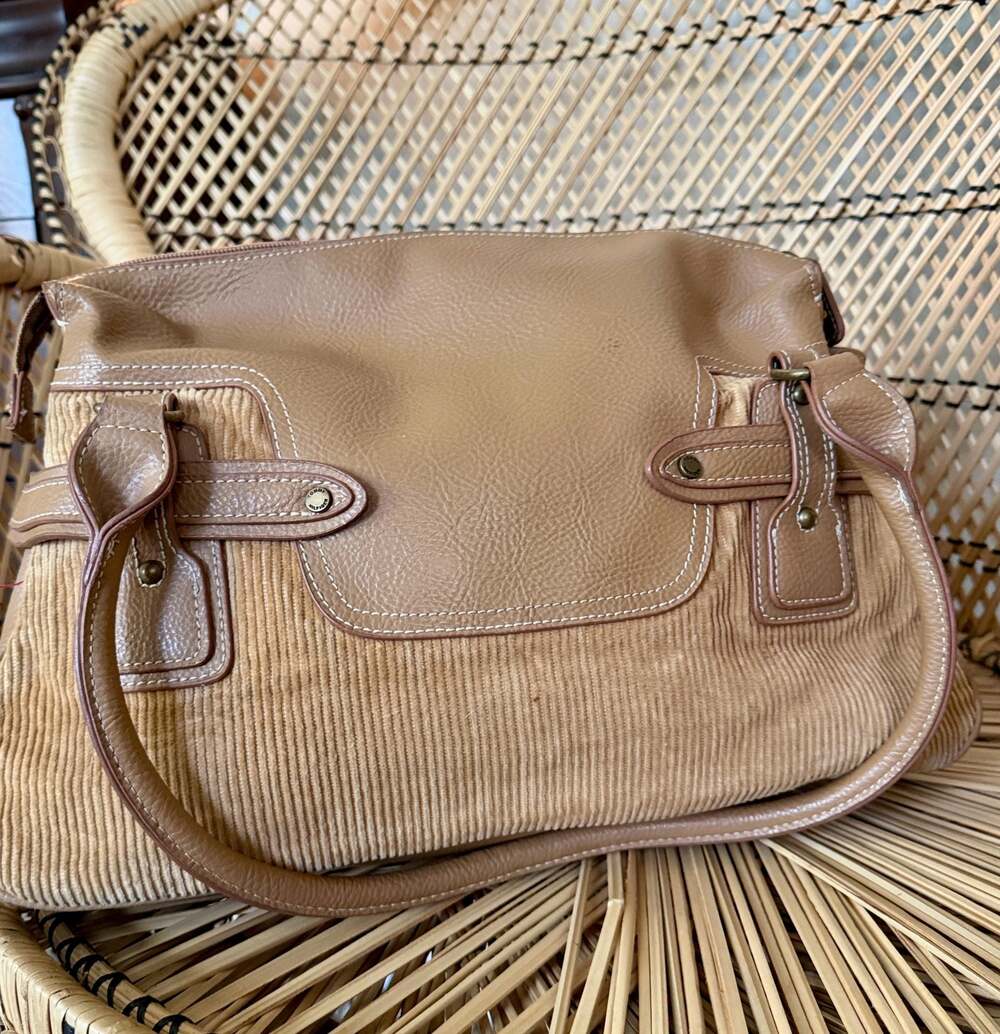 Tommy Hilfiger Vintage Y2K Tan Corduroy and Faux Leather Hobo Shoulder Handbag